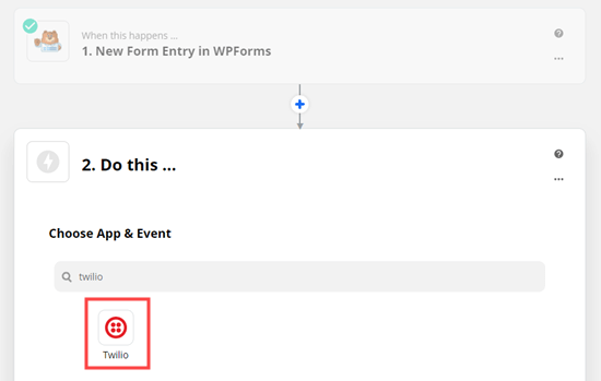 Pilih aplikasi Twilio untuk aplikasi tindakan Anda di Zapier