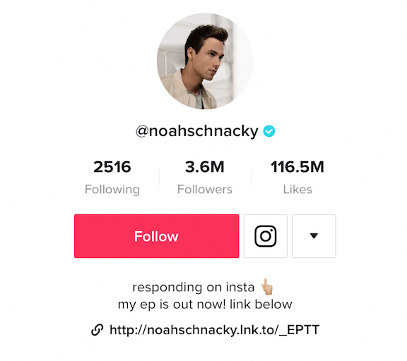 Biografi tiktok @ noahschacky dengan emoji dan tautan ke EP-nya