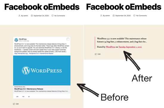 Facebook oEmbed Sebelum dan Sesudah