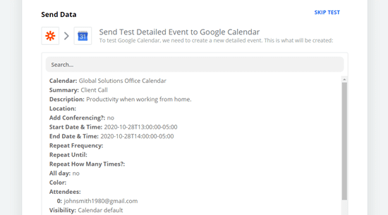 Rincian acara uji coba yang akan dikirim ke Google Kalender