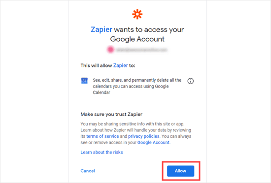 Beri Zapier izin untuk mengakses Google Kalender Anda