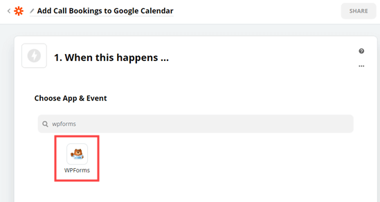Pilih WPForms sebagai aplikasi pemicu Anda di Zapier