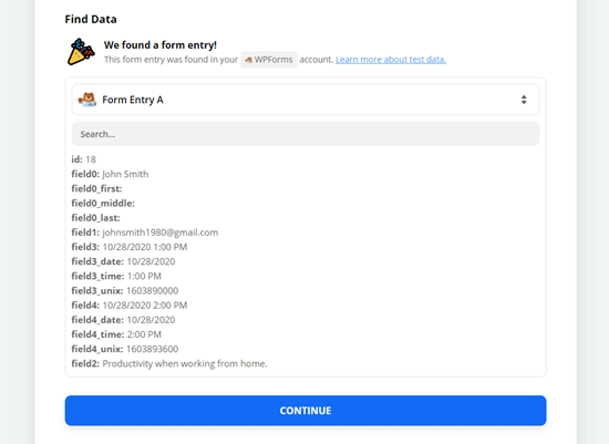 Data dari entri formulir kontak uji coba yang ditemukan Zapier