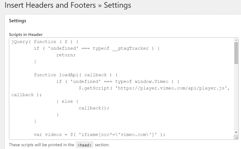 kode pelacakan vimeo masukkan header dan footer