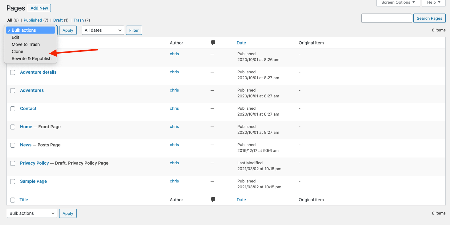 Gandakan halaman di WordPress melalui item tindakan massal.