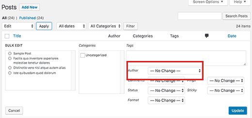 Edit penulis massal untuk banyak posting di WordPress