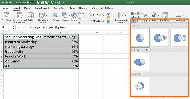 Berbagai pilihan desain diagram lingkaran, termasuk kue 2-D dan 3-D, di excel.