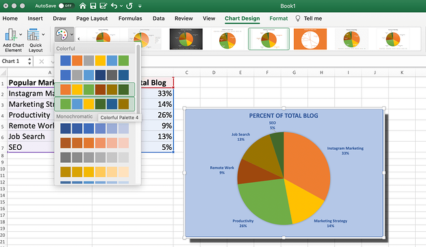 Pilihan warna untuk diagram lingkaran Anda di excel seperti yang telah ditentukan sebelumnya oleh excel.