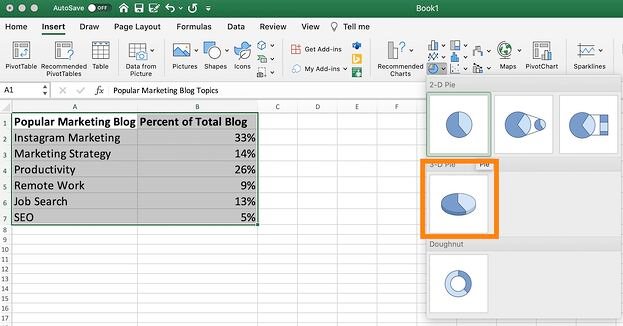 Opsi 3-D untuk diagram lingkaran di excel untuk membuat versi 3 dimensi.