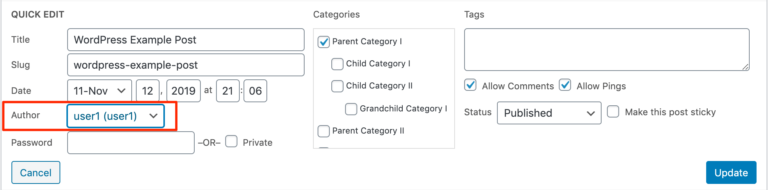 Menggunakan Edit Cepat untuk mengubah penulis di WordPress.