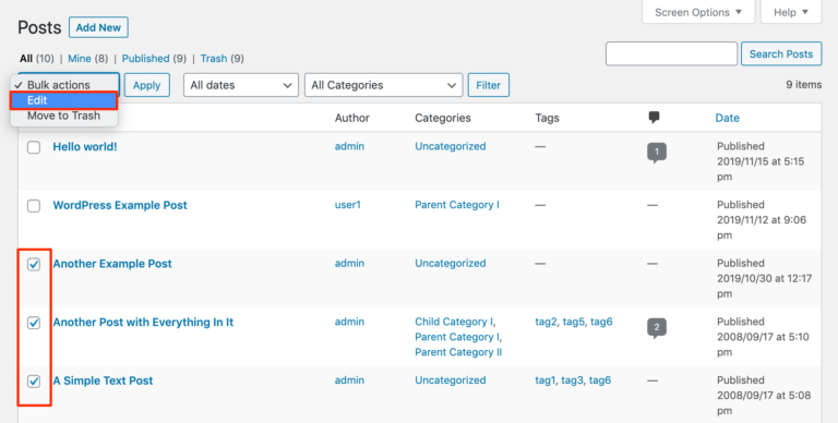 Mengakses editor posting Massal WordPress.