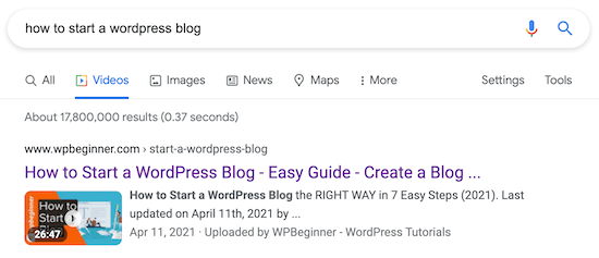 Halaman hasil pencarian SEO video WordPress