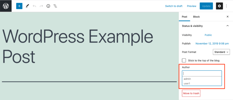 Mengubah penulis di Editor Blok WordPress.