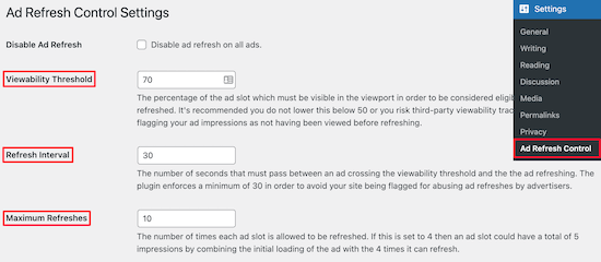 Pengaturan plugin Ad Refresh Control
