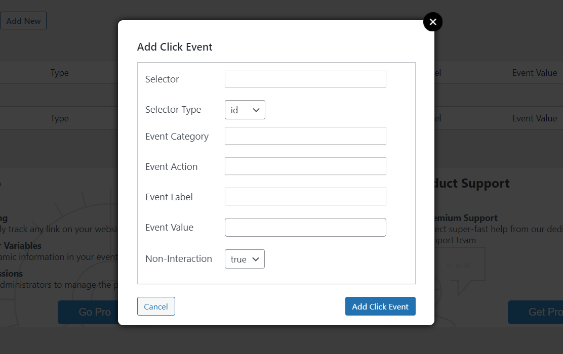 Tambahkan acara klik di Acara WP Analytics