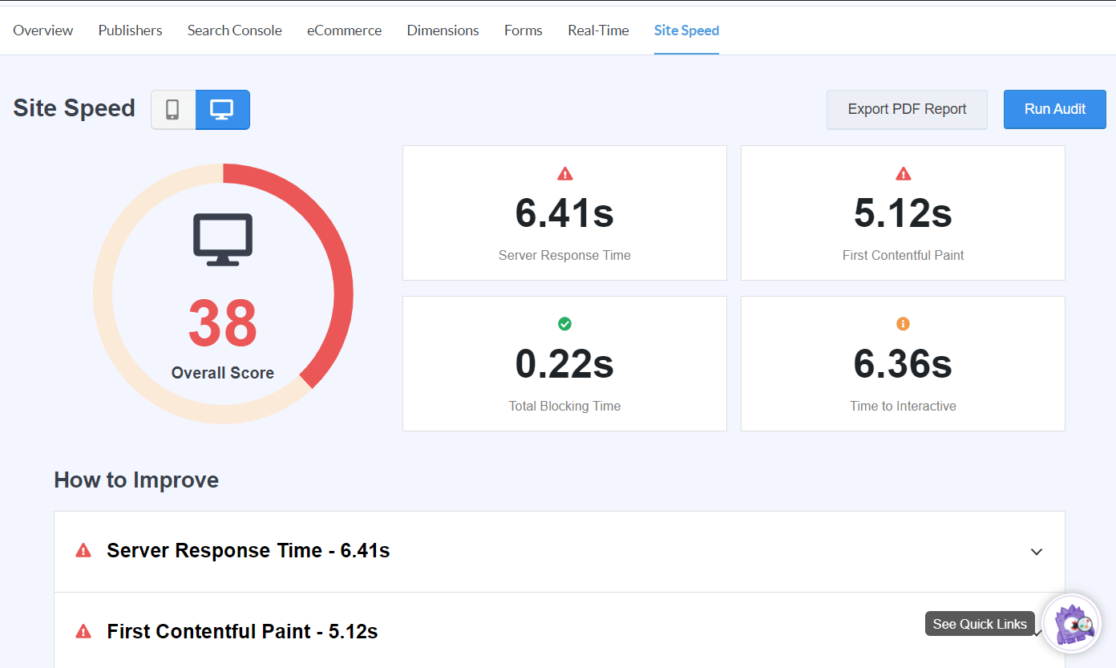 Laporan Kecepatan Situs Web di MonsterInsights