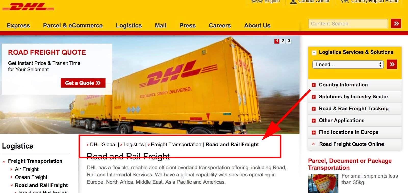 contoh navigasi breadcrumb di situs web DHL