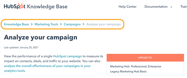 contoh navigasi breadcrumb di situs web basis pengetahuan hubsot