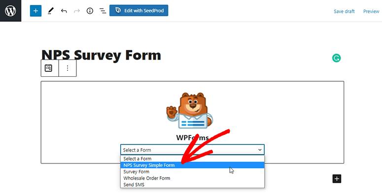 Pilih formulir survei NPS