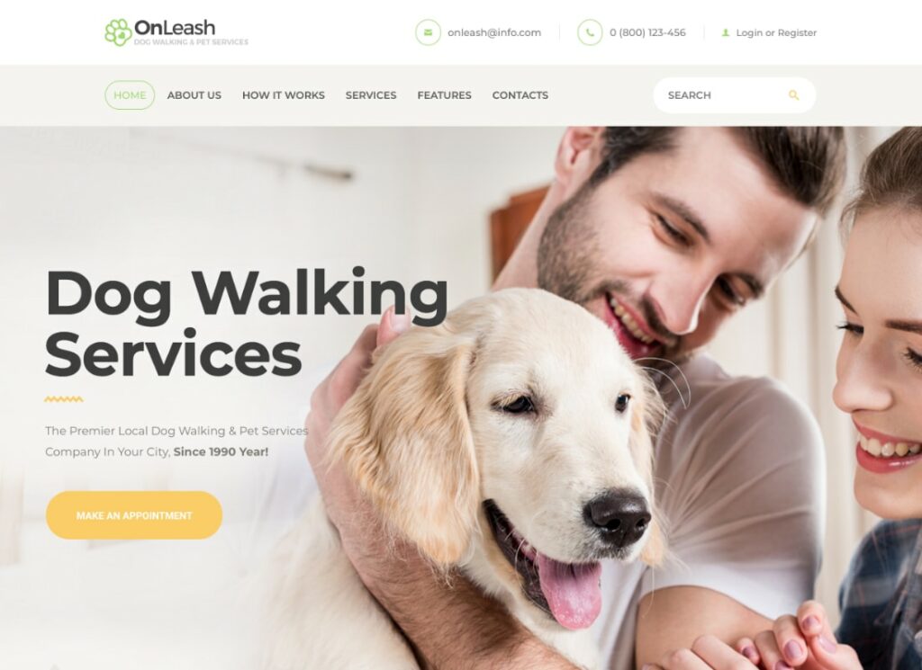 OnLeash |  Tema WordPress Hewan Anjing Berjalan & Layanan Hewan Peliharaan