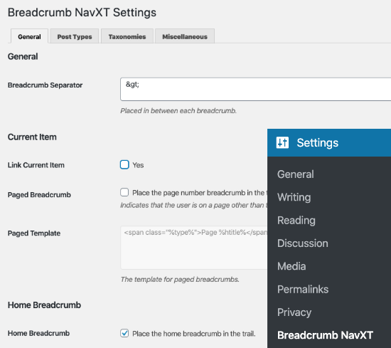 Halaman pengaturan untuk plugin Breadcrumb NavXT