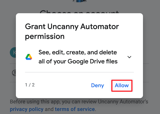 Berikan izin Uncanny Automator