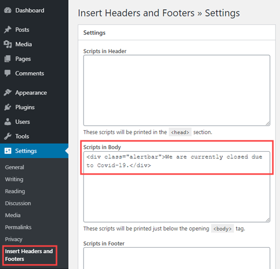 Menambahkan kode HTML menggunakan plugin Insert Headers and Footers Foot