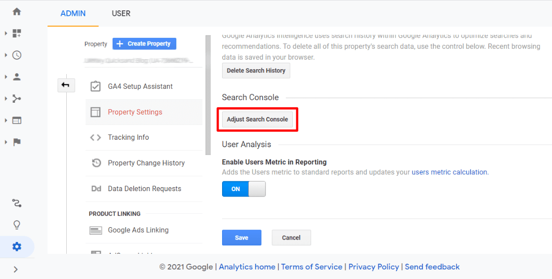 Sesuaikan tombol konsol pencarian di Google Analytics