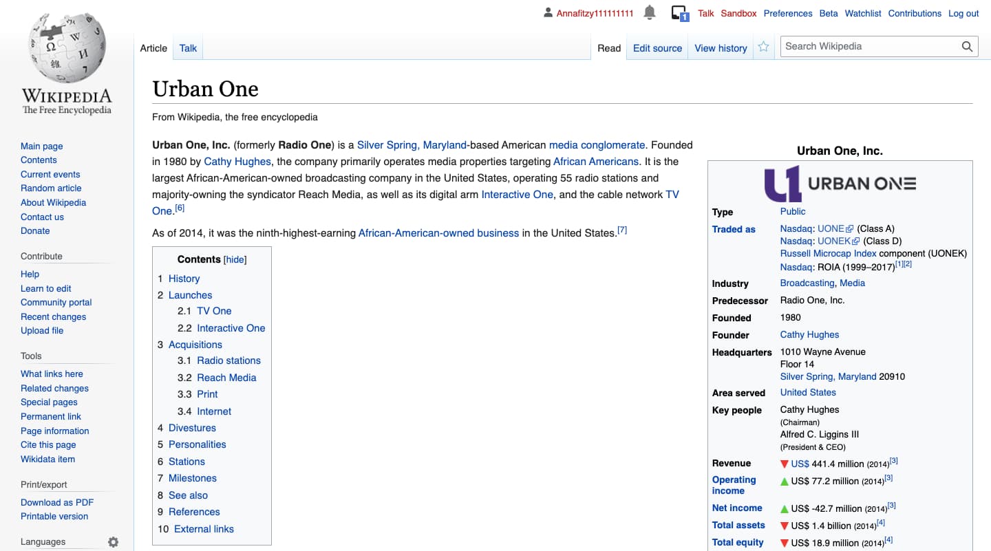 contoh halaman perusahaan di wikipedia: Urban One