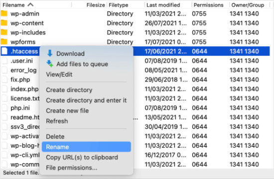 Klik Kanan untuk Mengganti Nama .htaccess