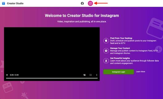 panah merah menunjuk ke ikon login instagram di beranda studio pembuat instagram