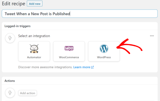 Pilih WordPress sebagai integrasi Anda