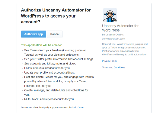 Otorisasi Uncanny Automator untuk mengakses akun Twitter