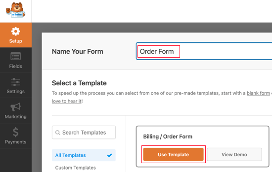 Pilih Template 'Formulir Penagihan / Pemesanan'