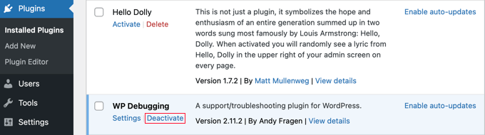 Nonaktifkan Plugin Debugging WP