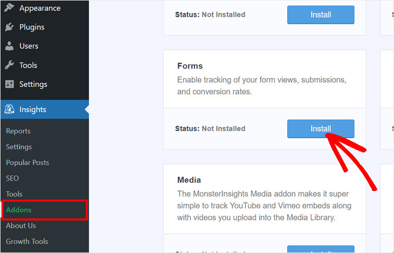 instal addon pelacakan formulir monsterinsights