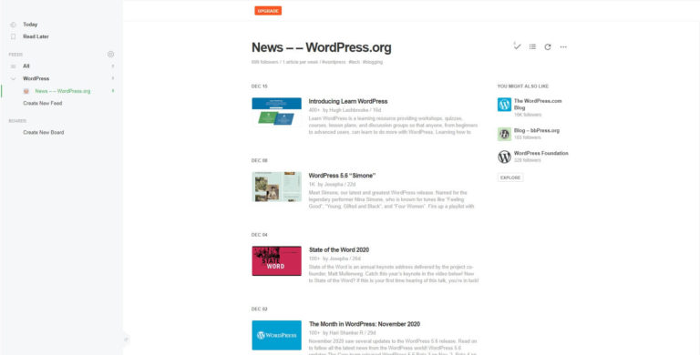 Pembaca umpan RSS Feedly menampilkan umpan Berita WordPress.org