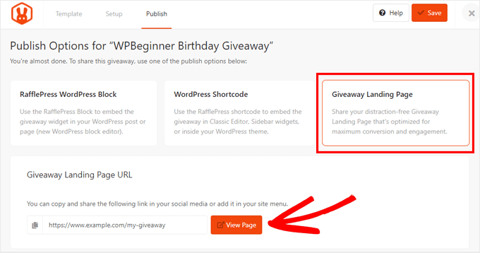 Publikasikan halaman arahan giveaway RafflePress