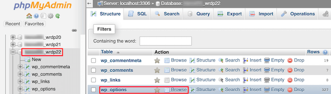 Pilih basis data dan opsi wp