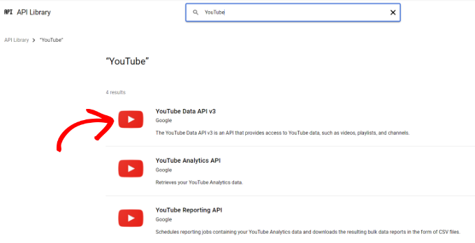 Pilih API data YouTube v3