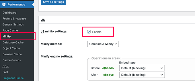 Aktifkan JS minify di W3 Total Cache