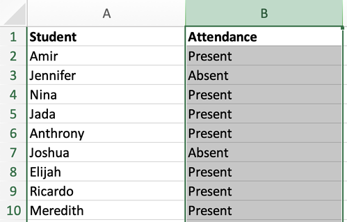 Memilih Kolom B yang berisi status kehadiran (Present atau Absent)