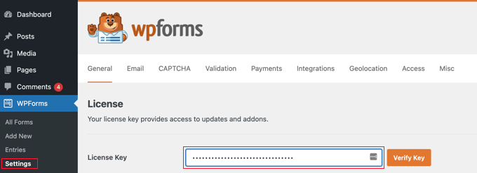 Masukkan Kunci Lisensi WPForms Anda