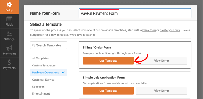 Pilih Templat Formulir Penagihan / Pemesanan