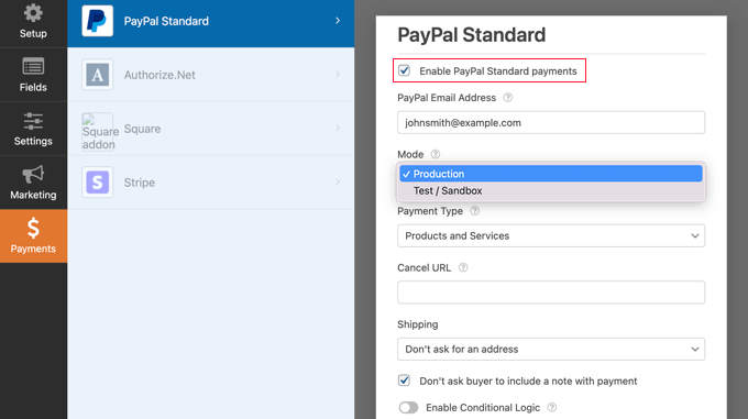 Centang Kotak Aktifkan Pembayaran Standar PayPal