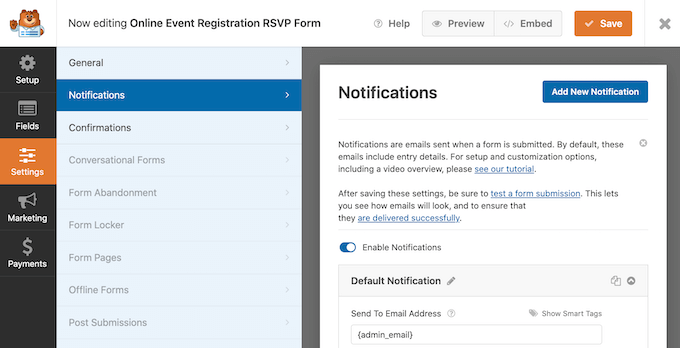 Menyesuaikan pengaturan email dan pemberitahuan WPForms.