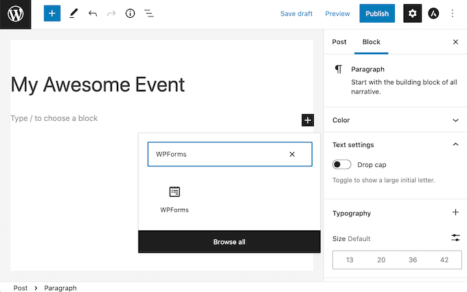 Menambahkan blok WPForms ke posting WordPress.