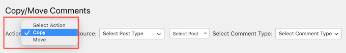 Memilih apakah akan menyalin atau memindahkan komentar di antara postingan WordPress 