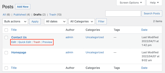 Membuka draf WordPress untuk diedit