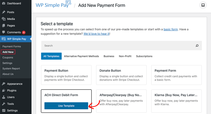 Pilih Templat Formulir Debit Langsung ACH